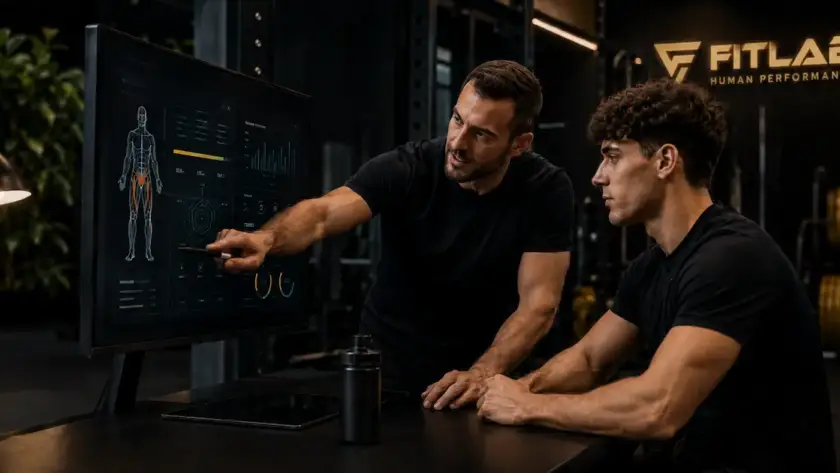 Coach e atleta analizzano una valutazione iniziale in un performance lab.