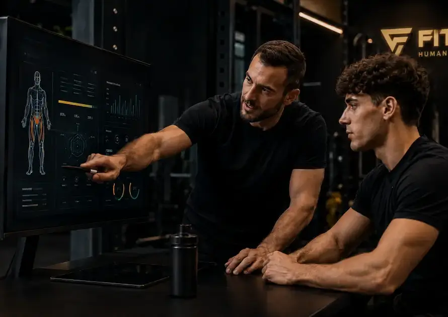 Coach e atleta analizzano una valutazione iniziale in un performance lab.
