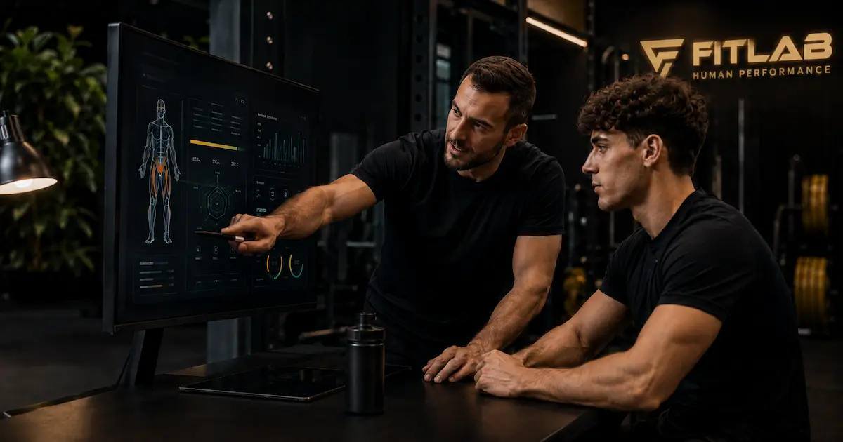 Coach e atleta analizzano una valutazione iniziale in un performance lab.