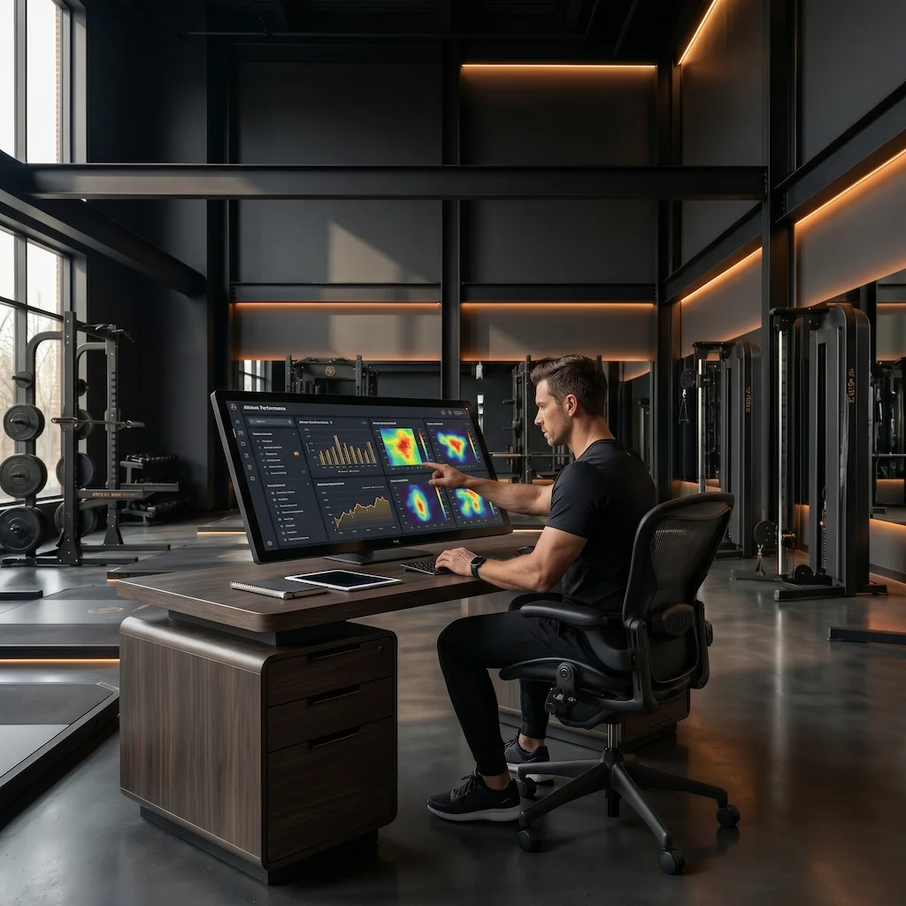 Antonio De Matteis al monitor analizza la dashboard integrata di un atleta seguito col metodo Fitlab