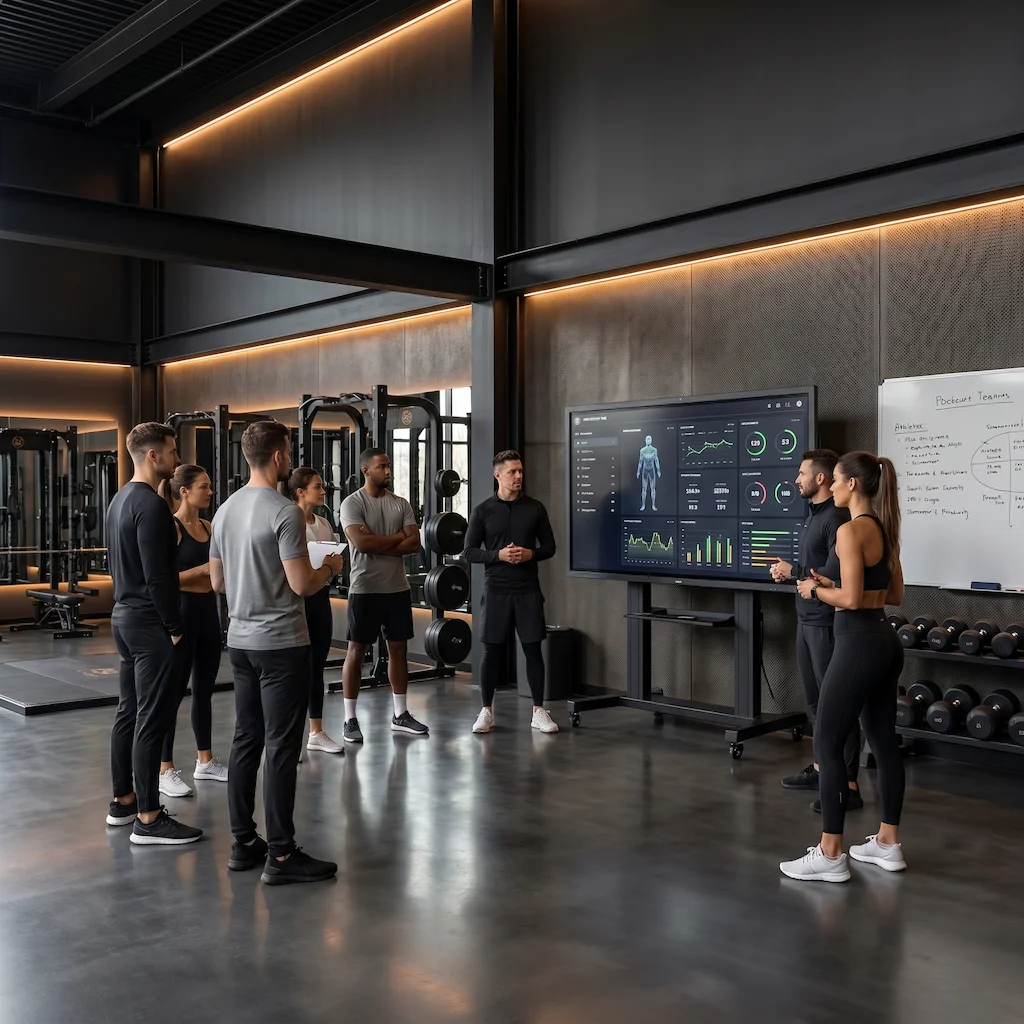 Team multidisciplinare Fitlab in briefing di programmazione su un percorso atleta nel Performance Hub di Pomigliano d'Arco