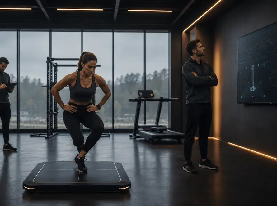 Performance Lab durante una valutazione di off-season: atleta su force plate e coach che osserva dati biomeccanici