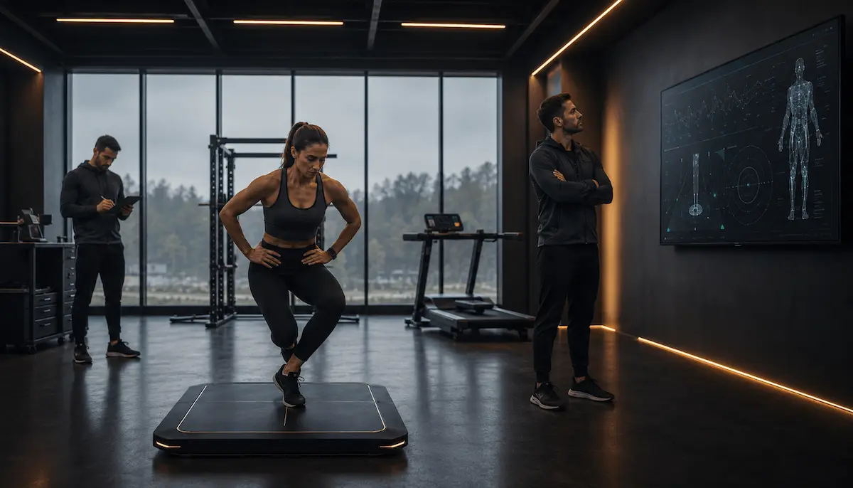 Performance Lab durante una valutazione di off-season: atleta su force plate e coach che osserva dati biomeccanici