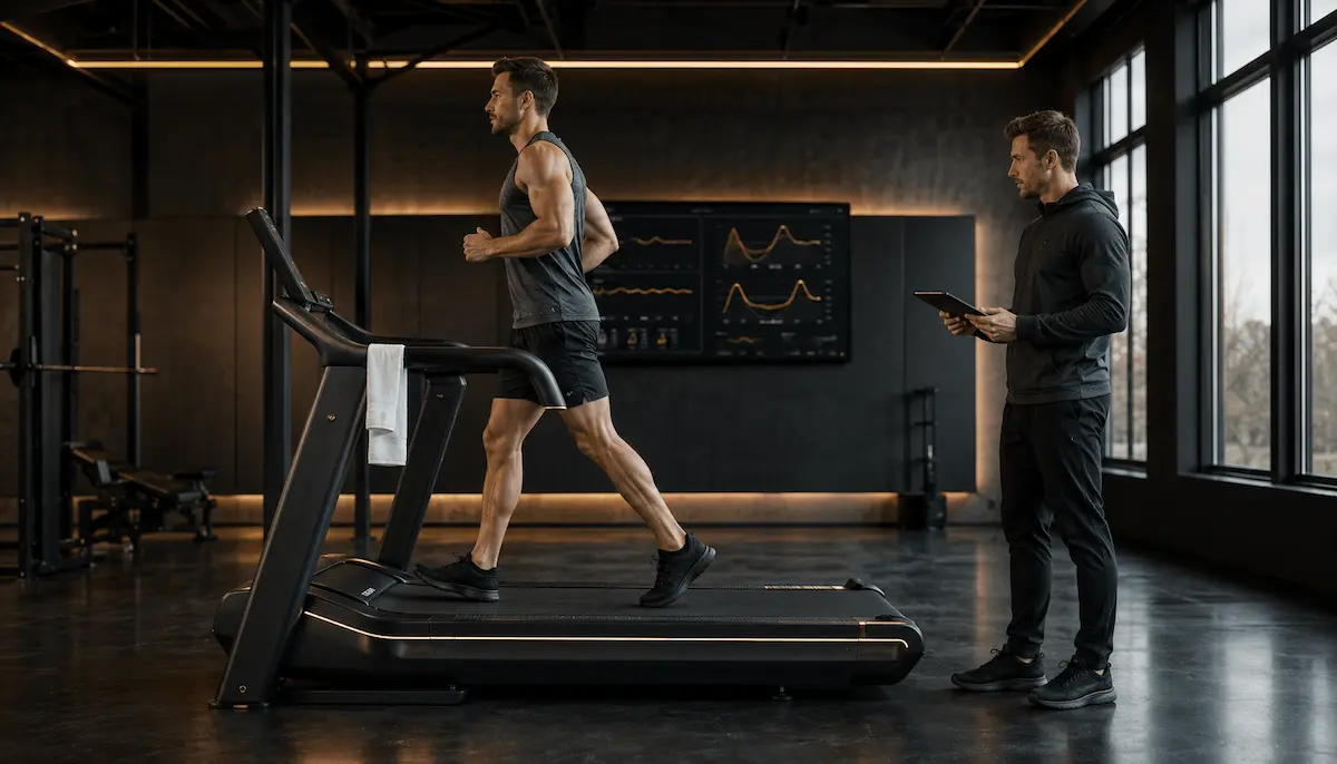 Atleta in fase di rientro progressivo su treadmill biomeccanico durante warm-up controllato di off-season