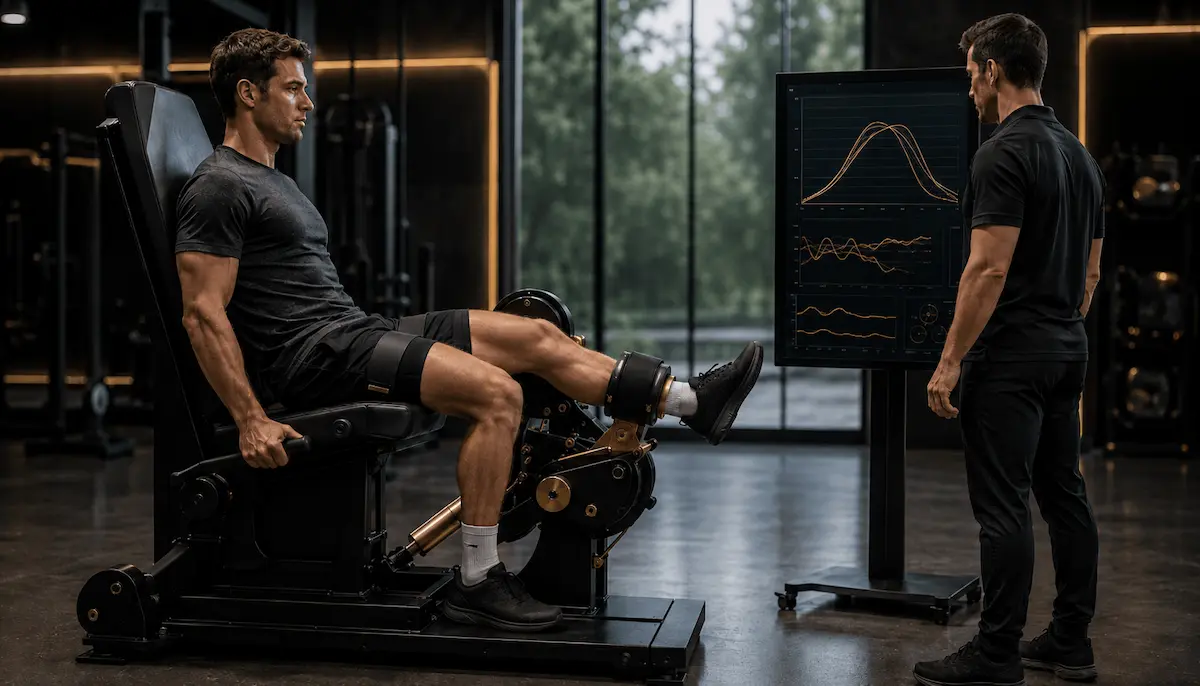 Atleta esegue test isokinetic per valutare asimmetrie di forza arti inferiori durante valutazione off-season