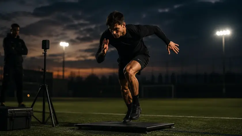 Calciatore adulto durante valutazione di forza in off-season prima della preparazione estiva
