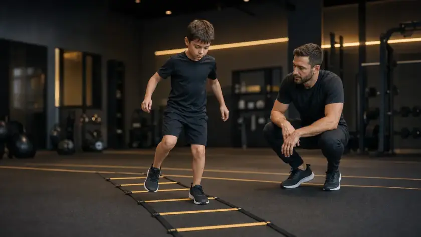 Bambino di 9 anni seguito da un coach durante esercizio di coordinazione motoria.