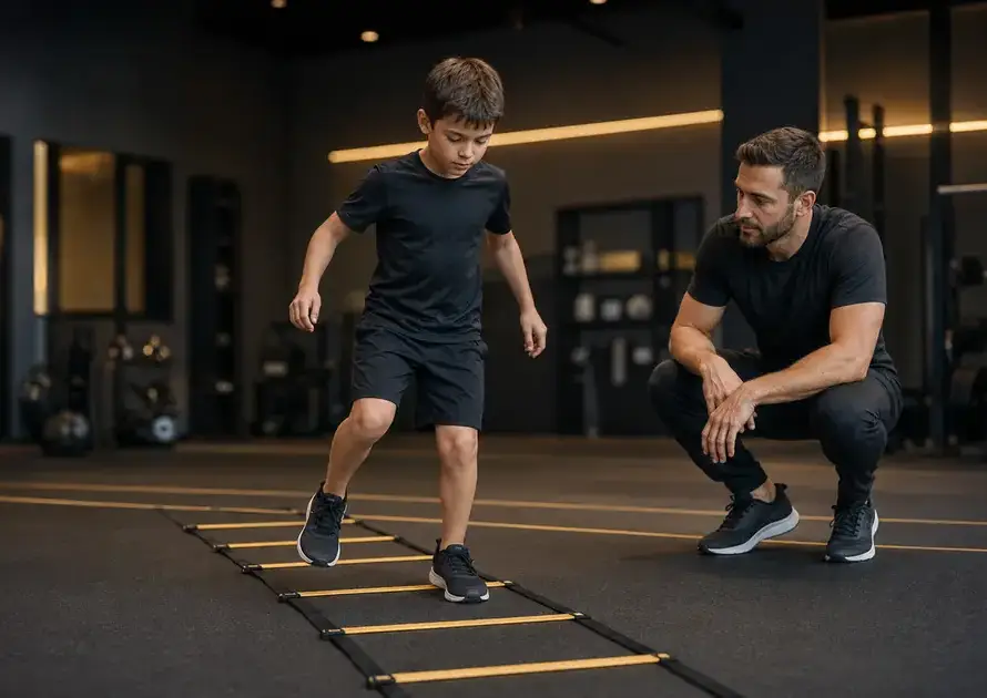 Bambino di 9 anni seguito da un coach durante esercizio di coordinazione motoria.