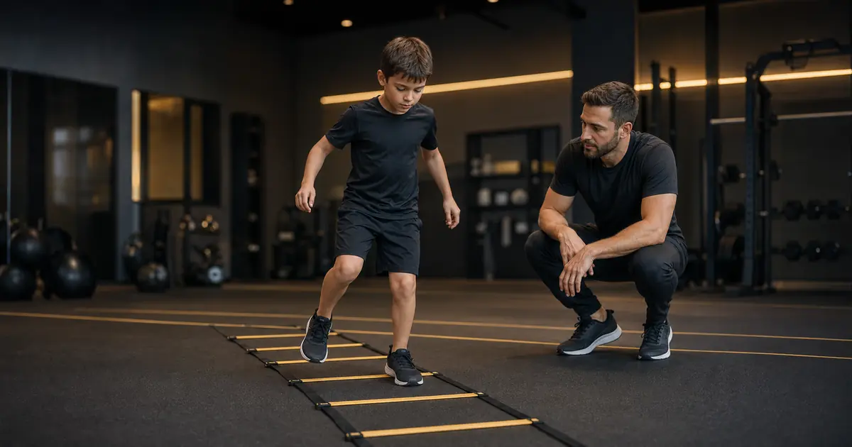 Bambino di 9 anni seguito da un coach durante esercizio di coordinazione motoria.