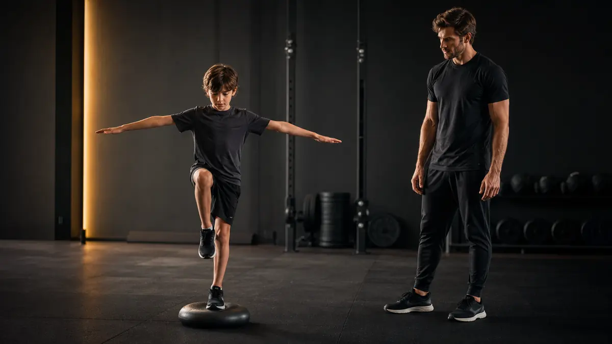 Bambino durante esercizio di equilibrio e postura sotto supervisione del coach.