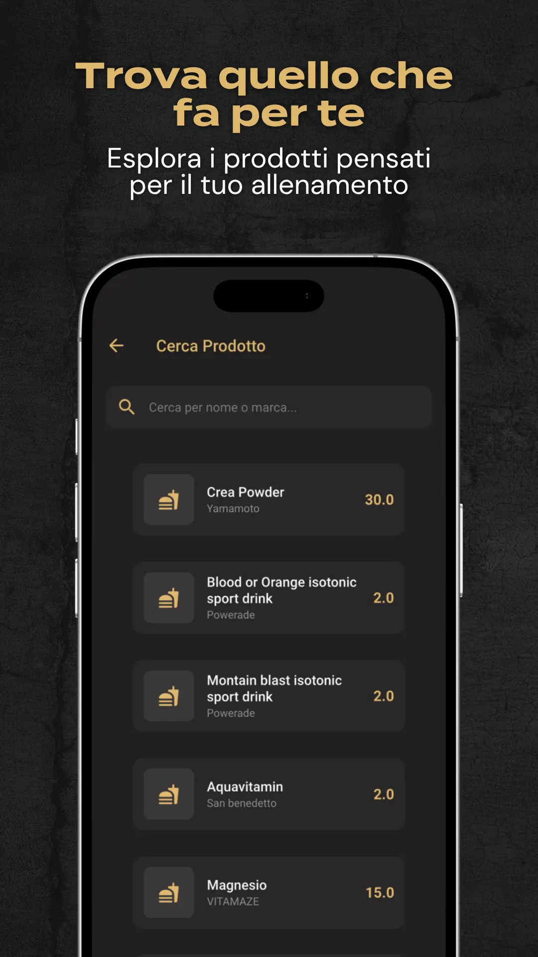 Schermata catalogo dell'app Fitlab Corner con ricerca prodotti per nome o marca