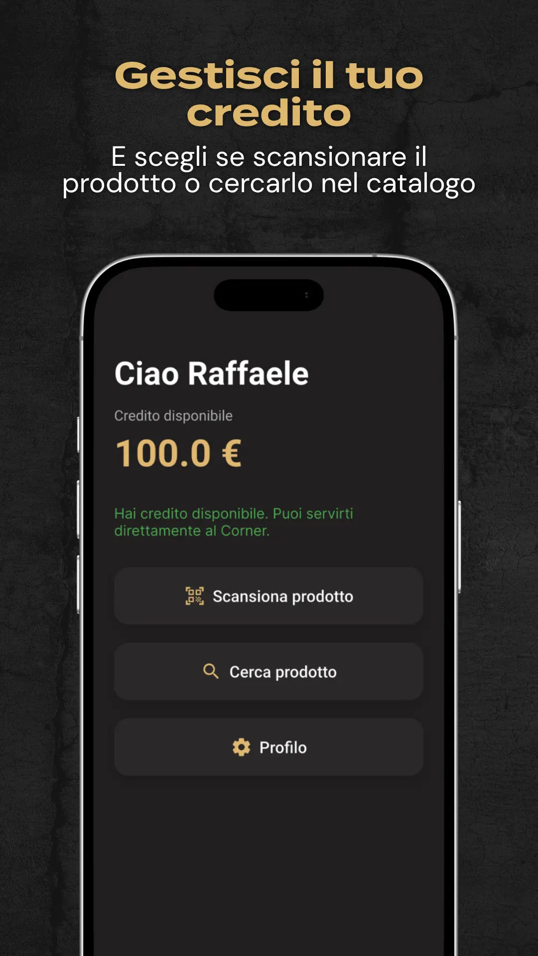 Schermata home dell'app Fitlab Corner con credito disponibile e pulsanti scansiona, cerca prodotto e profilo