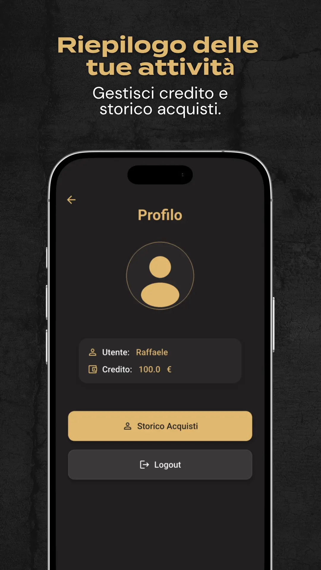 Schermata profilo dell'app Fitlab Corner con credito, storico acquisti e logout
