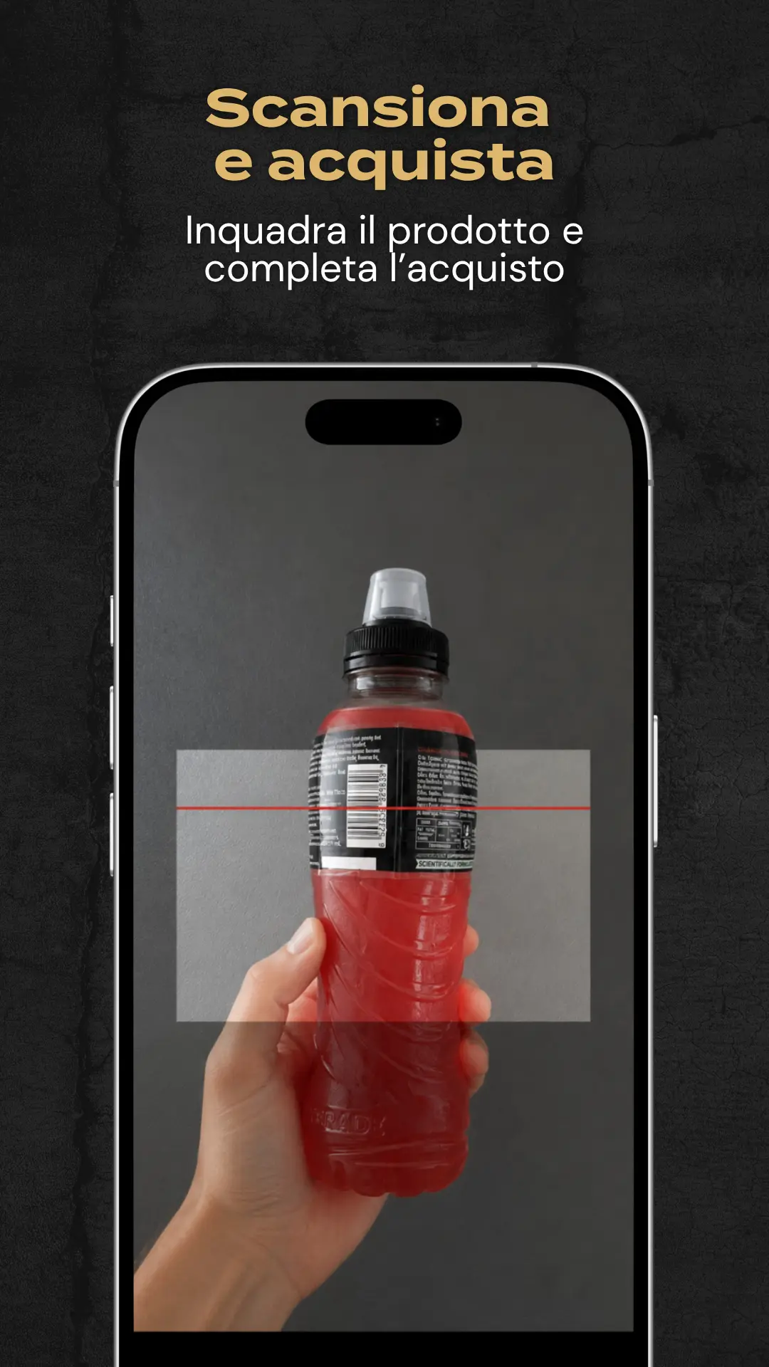 Schermata di scansione prodotto dell'app Fitlab Corner che inquadra il codice di una bevanda