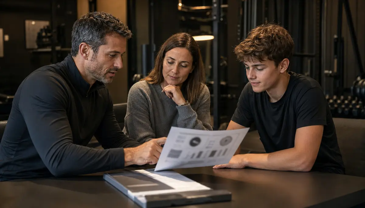 Coach spiega a genitore e giovane atleta un report di valutazione atletica.