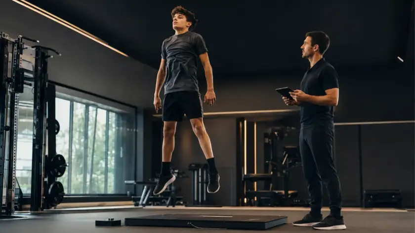 Giovane atleta durante una valutazione di potenza in Performance Lab con coach che registra i dati.