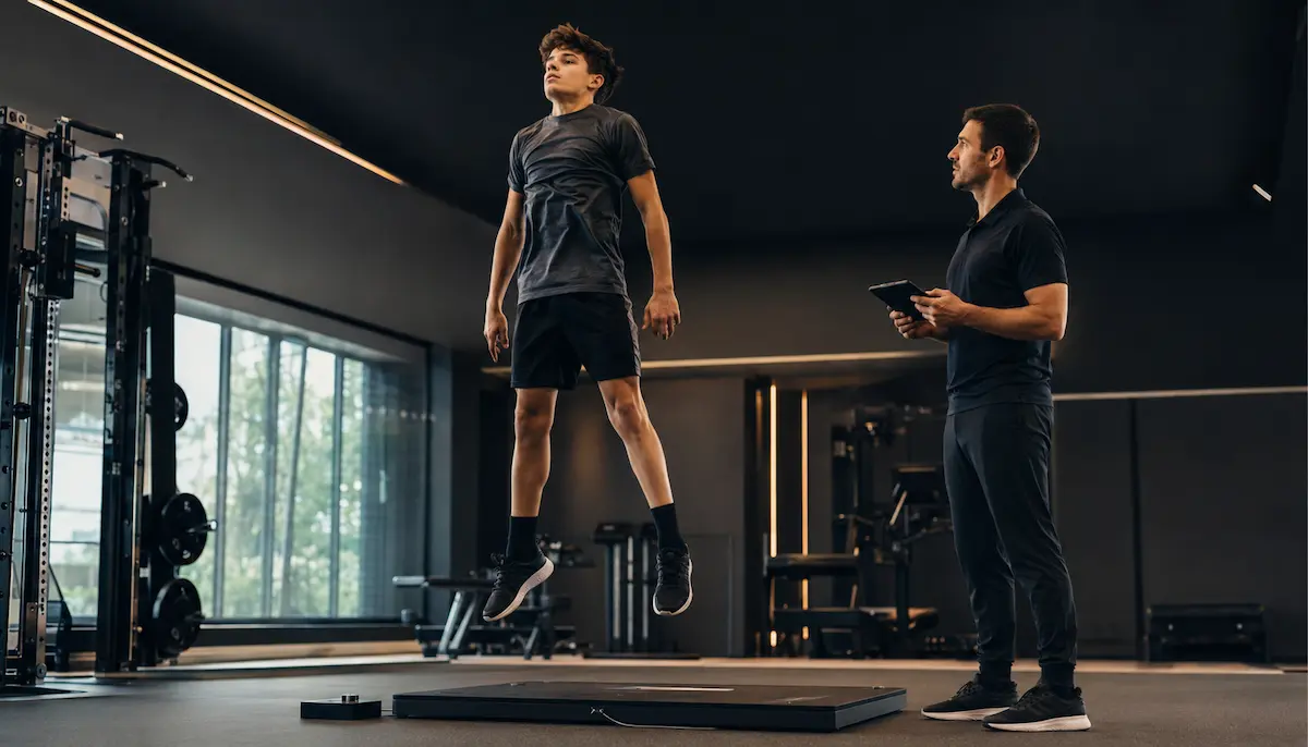 Giovane atleta durante una valutazione di potenza in Performance Lab con coach che registra i dati.