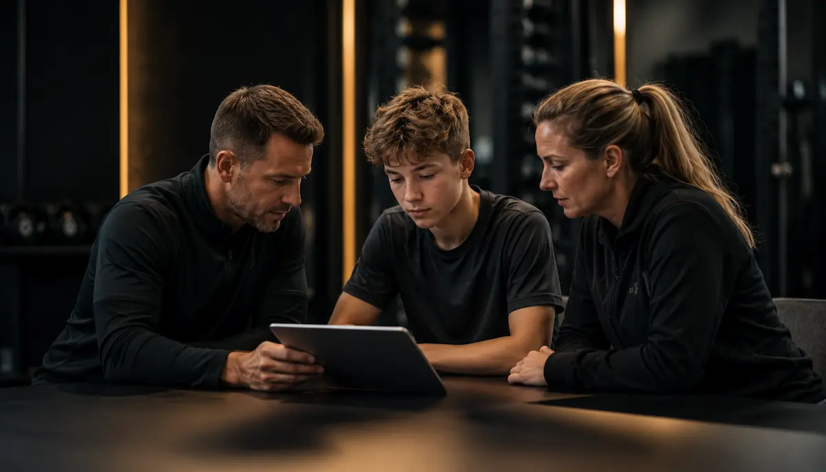 Genitore, giovane atleta e coach osservano un report non leggibile