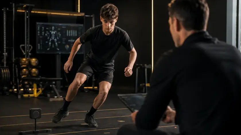Giovane calciatore esegue test motorio in Performance Lab durante valutazione iniziale.