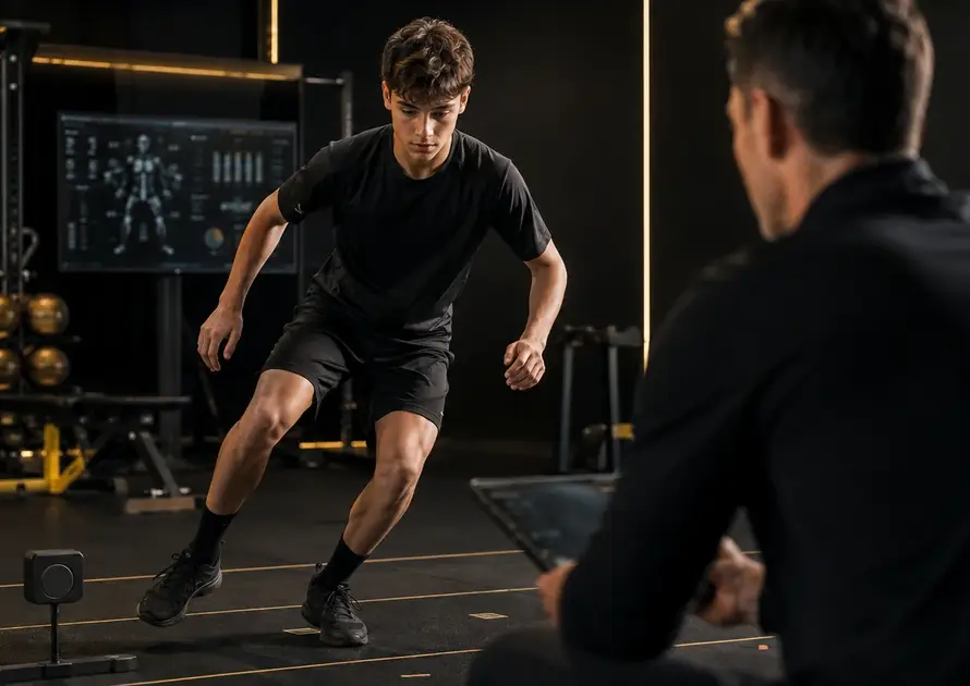 Giovane calciatore esegue test motorio in Performance Lab durante valutazione iniziale.