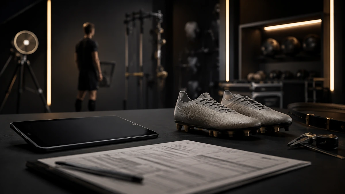 Materiali di valutazione per giovane atleta con scarpe da calcio e attrezzatura performance.