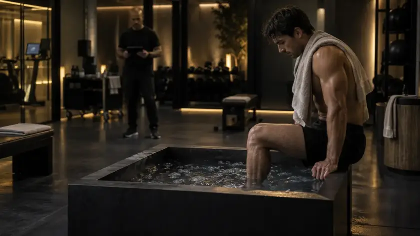 Atleta adulto si prepara a un ice bath in ambiente performance lab con coach che monitora il recupero.