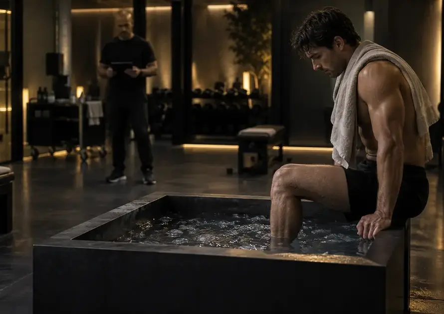 Atleta adulto si prepara a un ice bath in ambiente performance lab con coach che monitora il recupero.