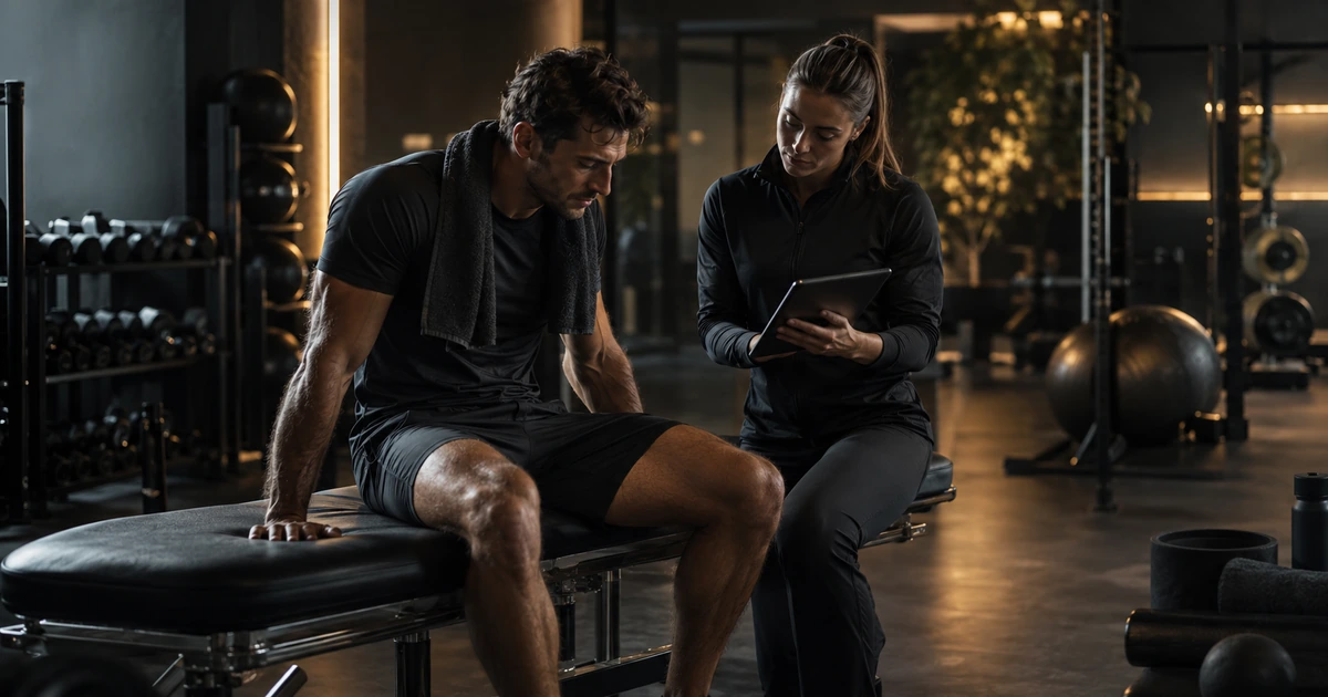 Atleta adulto in area recovery con coach che valuta il recupero dopo allenamento.
