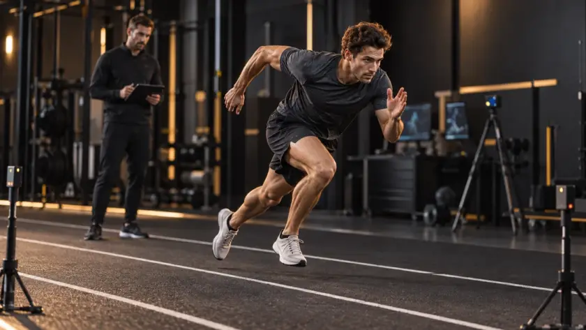 Atleta agonista durante un test di accelerazione per valutare forza, potenza e velocità.