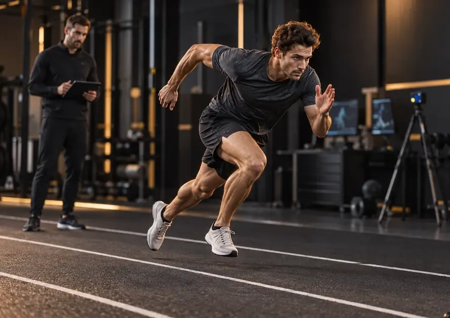 Atleta agonista durante un test di accelerazione per valutare forza, potenza e velocità.