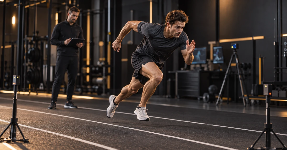 Atleta agonista durante un test di accelerazione per valutare forza, potenza e velocità.