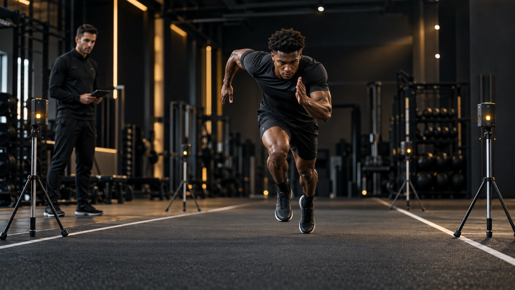 Atleta agonista esegue un test di accelerazione sui primi metri con sistema di rilevazione dei tempi.