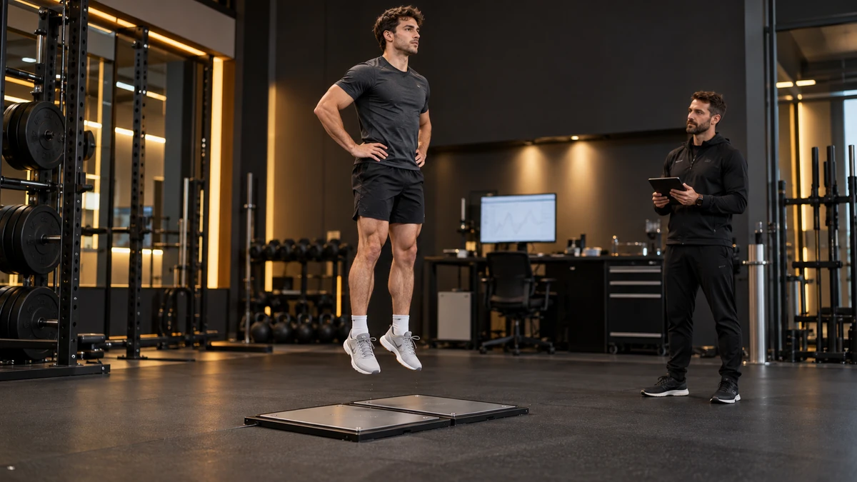 Atleta esegue un Countermovement Jump su piattaforma di forza durante una valutazione neuromuscolare.